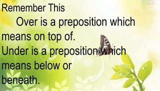 Remember This 
Over is a preposition which 
means on top of. 
Under is a preposition which 
means below or 
beneath. 
 
