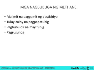 MGA NAGBUBUGA NG METHANE 
•Malimit na paggamit ng pestisidyo 
•Tuluy-tuloy na pagpapatubig 
•Pagbubulok na may tubig 
•Pagsusunog 
 