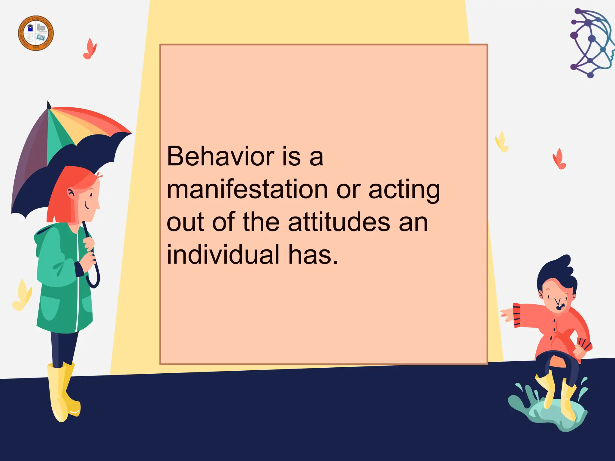 Behavior is a
manifestation or acting
out of the attitudes an
individual has.
 