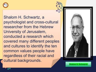 Shalom H. Schwartz, a
psychologist and cross-cultural
researcher from the Hebrew
University of Jerusalem,
conducted a research which
covered many different peoples
and cultures to identify the ten
common values people have
regardless of their racial and
cultural backgrounds.
Shalom H. Schwartz
 