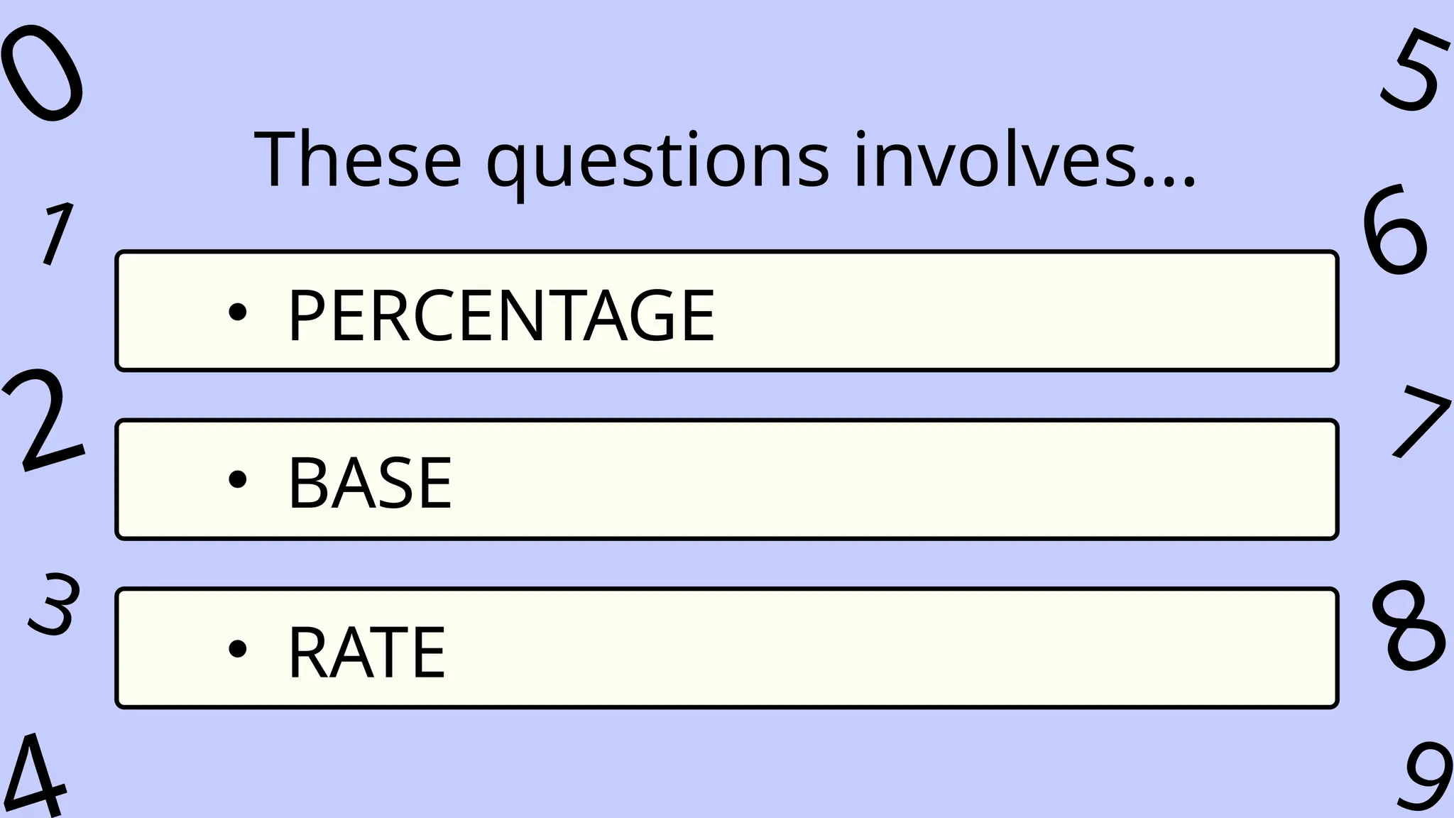 • PERCENTAGE
• BASE
• RATE
These questions involves...
1
3
8
9
7
5
0
6
2
 