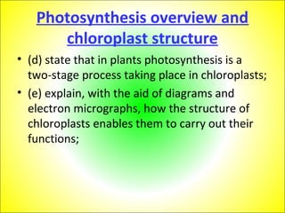 Photosynthesis overview and 
chloroplast structure 
• (d) state that in plants photosynthesis is a 
two-stage process taking place in chloroplasts; 
• (e) explain, with the aid of diagrams and 
electron micrographs, how the structure of 
chloroplasts enables them to carry out their 
functions; 
 
