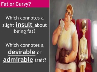 Which connotes a
slight insult about
being fat?
Which connotes a
desirable or
admirable trait?
Fat or Curvy?
 