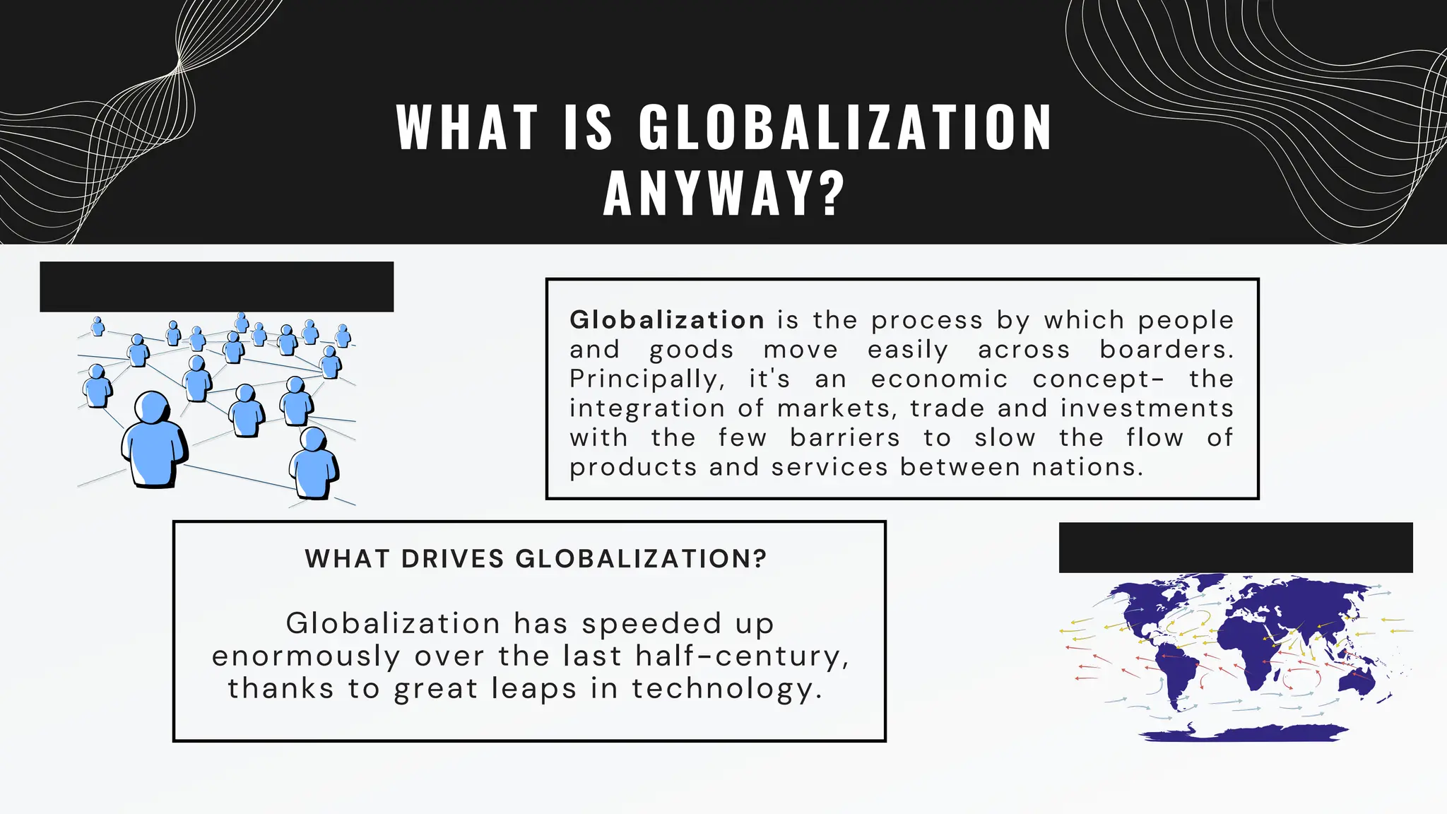 WHAT IS GLOBALIZATION
ANYWAY?
Globalization is the process by which people
and goods move easily across boarders.
Principally, it's an economic concept- the
integration of markets, trade and investments
with the few barriers to slow the flow of
products and services between nations.
WHAT DRIVES GLOBALIZATION?
Globalization has speeded up
enormously over the last half-century,
thanks to great leaps in technology.
 