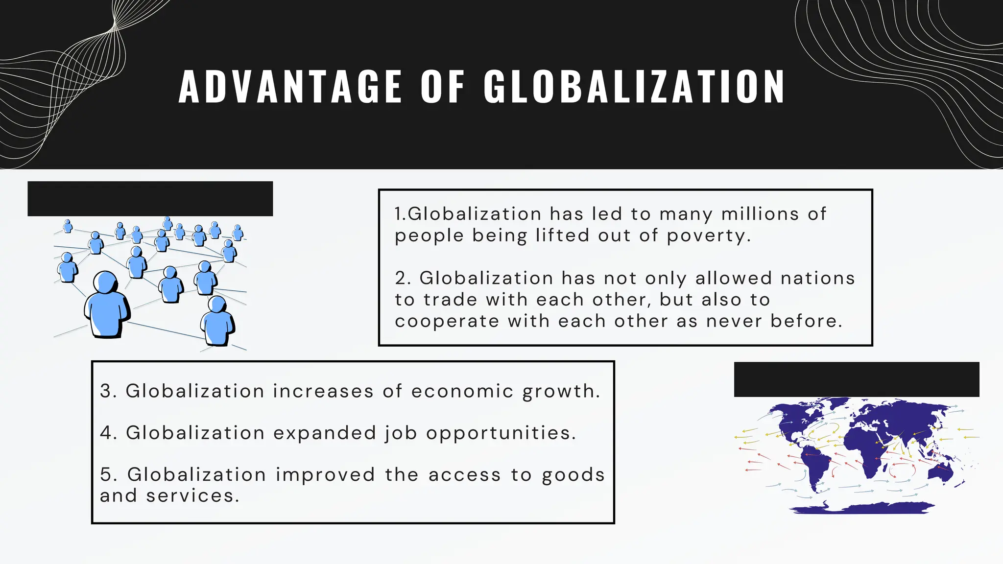 ADVANTAGE OF GLOBALIZATION
1.Globalization has led to many millions of
people being lifted out of poverty.
2. Globalization has not only allowed nations
to trade with each other, but also to
cooperate with each other as never before.
3. Globalization increases of economic growth.
4. Globalization expanded job opportunities.
5. Globalization improved the access to goods
and services.
 