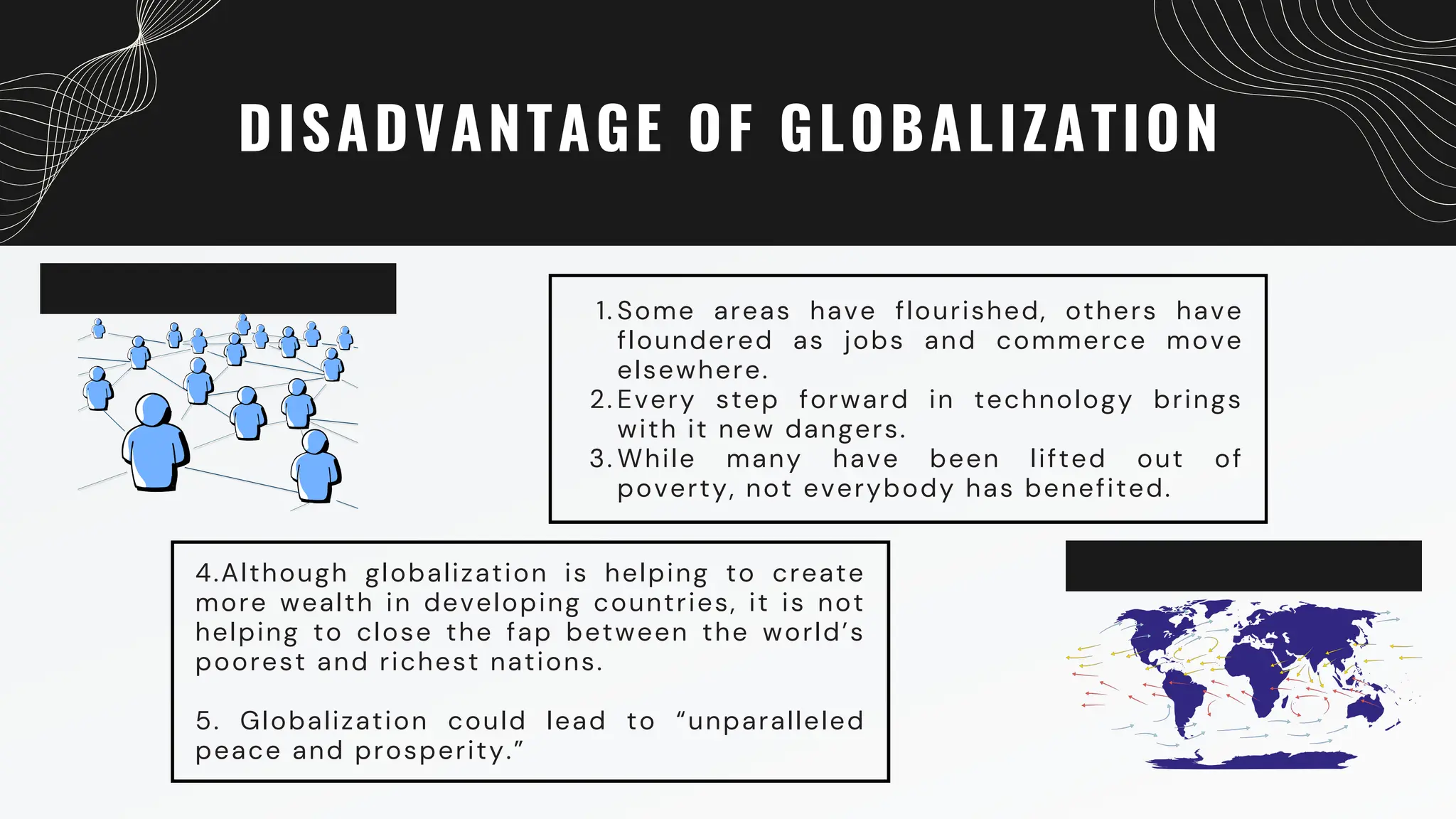 DISADVANTAGE OF GLOBALIZATION
Some areas have flourished, others have
floundered as jobs and commerce move
elsewhere.
Every step forward in technology brings
with it new dangers.
While many have been lifted out of
poverty, not everybody has benefited.
1.
2.
3.
4.Although globalization is helping to create
more wealth in developing countries, it is not
helping to close the fap between the world’s
poorest and richest nations.
5. Globalization could lead to “unparalleled
peace and prosperity.”
 