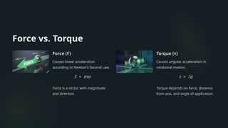 Force vs. Torque
Force (F)
Causes linear acceleration
according to Newton's Second Law.
Force is a vector with magnitude
and direction.
Torque (τ)
Causes angular acceleration in
rotational motion.
Torque depends on force, distance
from axis, and angle of application.
 