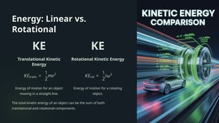 Energy: Linear vs.
Rotational
KE
Translational Kinetic
Energy
Energy of motion for an object
moving in a straight line.
KE
Rotational Kinetic Energy
Energy of motion for a rotating
object.
The total kinetic energy of an object can be the sum of both
translational and rotational components.
 