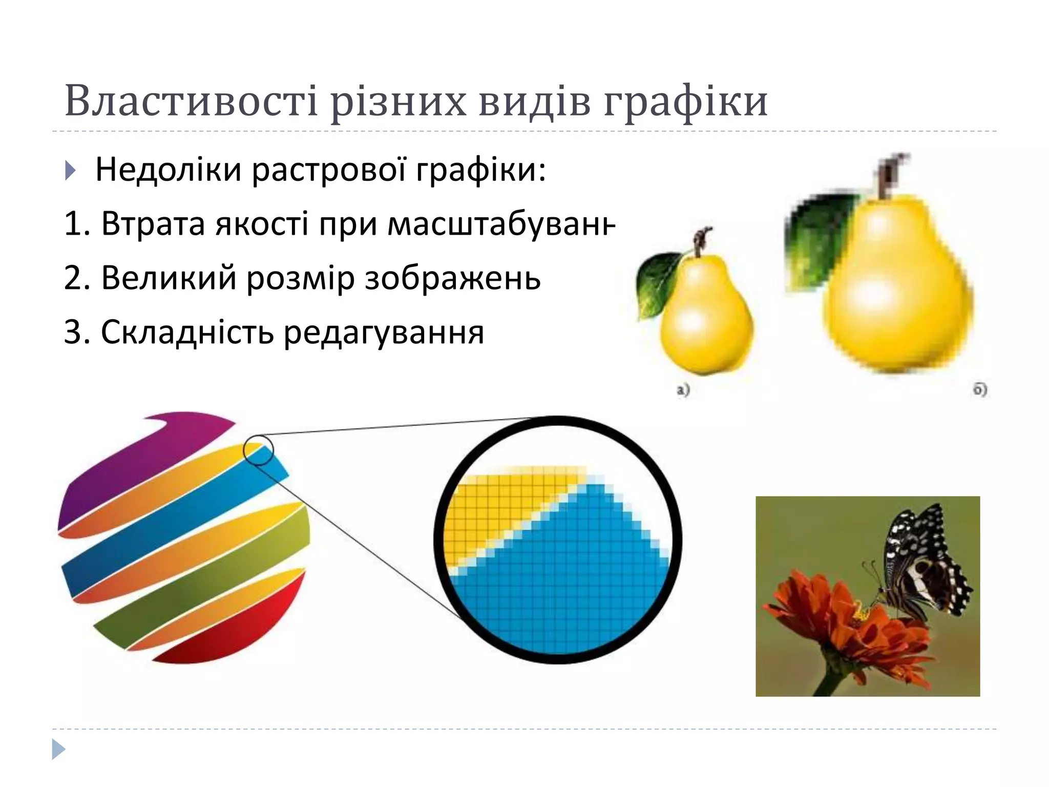 Властивості різних видів графіки
 Недоліки растрової графіки:
1. Втрата якості при масштабуванні
2. Великий розмір зображень
3. Складність редагування
 