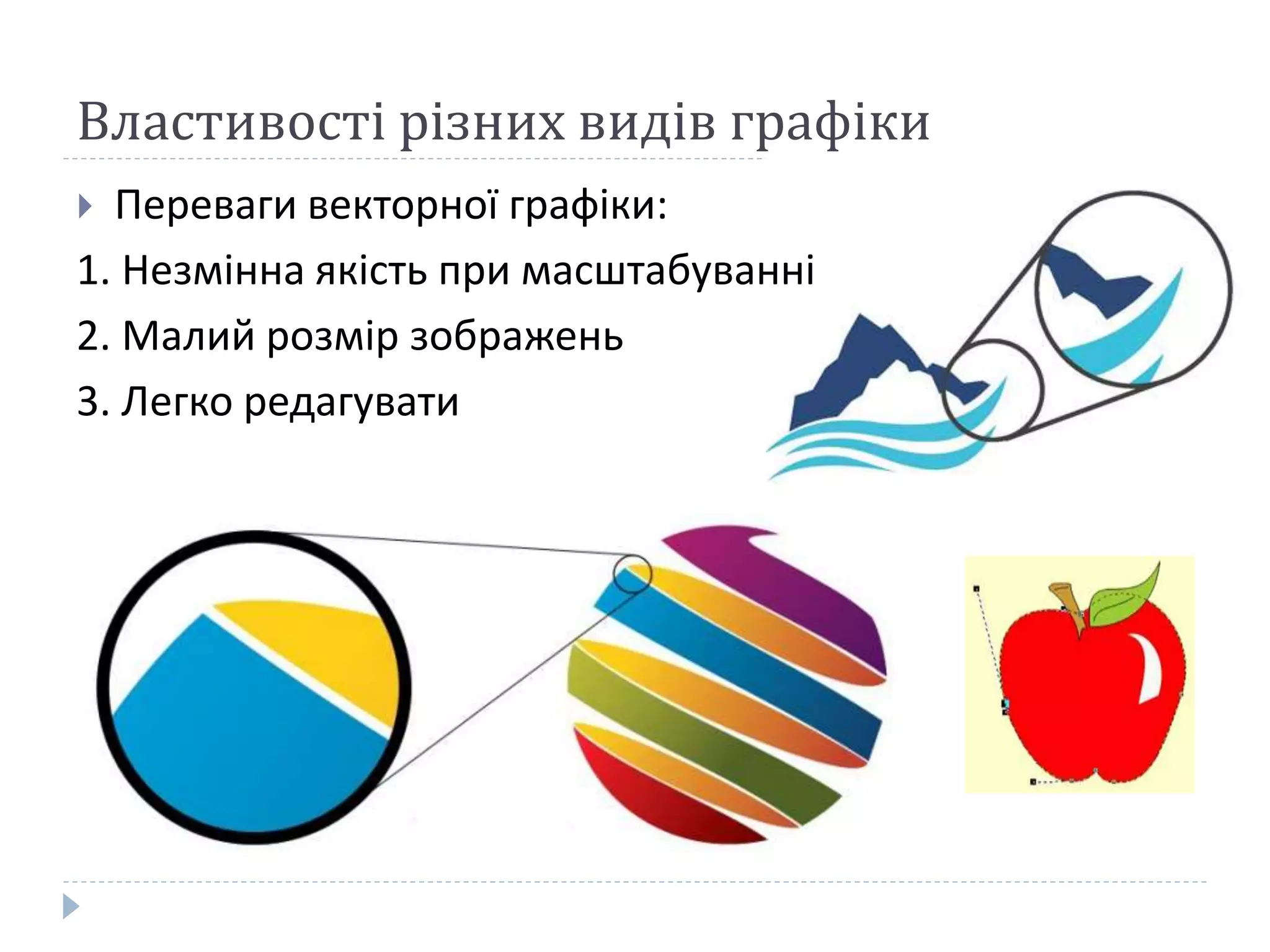 Властивості різних видів графіки
 Переваги векторної графіки:
1. Незмінна якість при масштабуванні
2. Малий розмір зображень
3. Легко редагувати
 