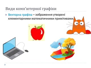 Види комп’ютерної графіки
 Векторна графіка – зображення утворені
елементарними математичними примітивами.
 