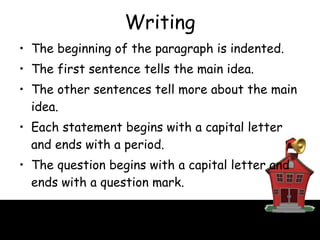 Writing The beginning of the paragraph is indented. The first sentence tells the main idea. The other sentences tell more about the main idea. Each statement begins with a capital letter and ends with a period. The question begins with a capital letter and ends with a question mark. 