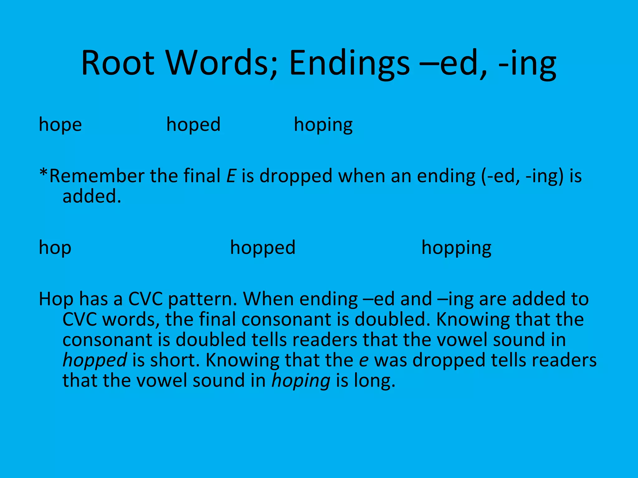 Root Words; Endings –ed, -ing
hope hoped hoping
*Remember the final E is dropped when an ending (-ed, -ing) is
added.
hop hopped hopping
Hop has a CVC pattern. When ending –ed and –ing are added to
CVC words, the final consonant is doubled. Knowing that the
consonant is doubled tells readers that the vowel sound in
hopped is short. Knowing that the e was dropped tells readers
that the vowel sound in hoping is long.
 