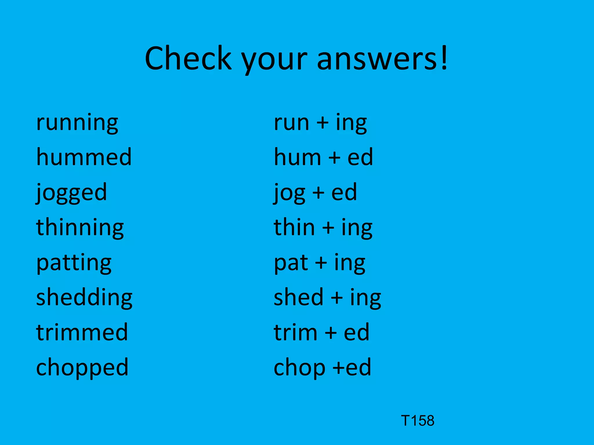Check your answers!
running run + ing
hummed hum + ed
jogged jog + ed
thinning thin + ing
patting pat + ing
shedding shed + ing
trimmed trim + ed
chopped chop +ed
T158
 