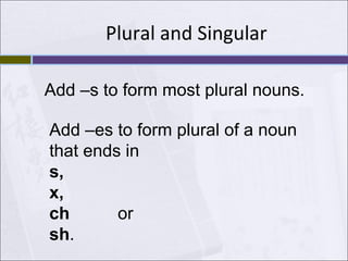 Plural and Singular  Add –s to form most plural nouns. Add –es to form plural of a noun that ends in  s,  x,   ch  or  sh . 