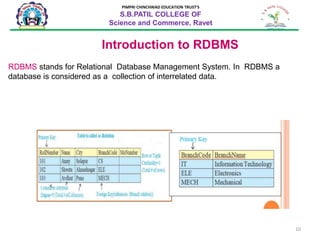 10
PIMPRI CHINCHWAD EDUCATION TRUST’S
S.B.PATIL COLLEGE OF
Science and Commerce, Ravet
Introduction to RDBMS
RDBMS stands for Relational Database Management System. In RDBMS a
database is considered as a collection of interrelated data.
 