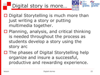 Digital story is more…
 Digital Storytelling is much more than
just writing a story or putting
multimedia together.
 Planning, analysis, and critical thinking
is needed throughout the process as
students develop a story using the
story arc
 The phases of Digital Storytelling help
organize and insure a successful,
productive and rewarding experience.
lesson Digital stories 22
 