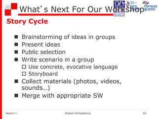 What’s Next For Our Workshop
Story Cycle
 Brainstorming of ideas in groups
 Present ideas
 Public selection
 Write scenario in a group
 Use concrete, evocative language
 Storyboard
 Collect materials (photos, videos,
sounds…)
 Merge with appropriate SW
lesson 1 Digital Competence 62
 