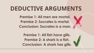 Premise 1: All men are mortal.
Premise 2: Socrates is mortal.
Conclusion: Socrates is a man.
Premise 1: All fish have gills.
Premise 2: A shark is a fish.
Conclusion: A shark has gills.
DEDUCTIVE ARGUMENTS
 