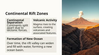Continental Rift Zones
Continental
Separation
Continents split
apart due to
tectonic forces.
Volcanic Activity
Magma rises to the
surface, creating
volcanoes and
associated features.
Formation of New Ocean
Over time, the rift valley can widen
and fill with water, forming a new
ocean basin.
 