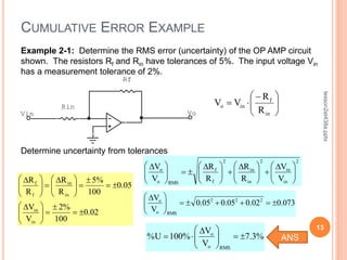 CUMULATIVE ERROR EXAMPLE
13
lesson2et438a.pptx
Example 2-1: Determine the RMS error (uncertainty) of the OP AMP circuit
shown. The resistors Rf and Rin have tolerances of 5%. The input voltage Vin
has a measurement tolerance of 2%.
Vo
Rin
Rf
Vin







 


in
f
in
o
R
R
V
V
Determine uncertainty from tolerances
02
.
0
100
%
2
V
V
05
.
0
100
%
5
R
R
R
R
in
in
in
in
f
f











 D











 D








 D
2
in
in
2
in
in
2
f
f
RMS
o
o
V
V
R
R
R
R
V
V







 D








 D








 D









 D
073
.
0
02
.
0
05
.
0
05
.
0
V
V 2
2
2
RMS
o
o













 D
%
3
.
7
V
V
%
100
U
%
RMS
o
o









 D

 ANS
 