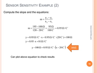 lesson2et438a.pptx
16
SENSOR SENSITIVITY EXAMPLE (2)
1
2
1
2
x
x
y
y
m






C
/
95
.
0
C
100
95
C
20
120
100
195
m W

W


W


 


C
20
x
C
/
95
.
0
100
y 

W

W





C
/
81
x
95
.
0
y
100
)
C
20
(
C
/
95
.
0
x
C
/
95
.
0
y
W



W


W


W

Compute the slope and the equations:
Can plot above equation to check results
ANS
 