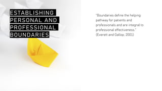 ESTABLISHING
PERSONAL AND
PROFESSIONAL
BOUNDARIES
“Boundaries define the helping
pathway for patients and
professionals and are integral to
professional effectiveness.”
(Everett and Gallop, 2001)
 