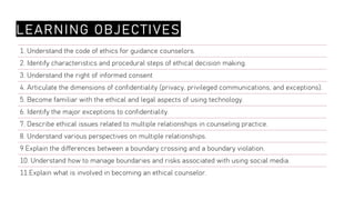 LEARNING OBJECTIVES
1. Understand the code of ethics for guidance counselors.
2. Identify characteristics and procedural steps of ethical decision making.
3. Understand the right of informed consent
4. Articulate the dimensions of confidentiality (privacy, privileged communications, and exceptions).
5. Become familiar with the ethical and legal aspects of using technology.
6. Identify the major exceptions to confidentiality.
7. Describe ethical issues related to multiple relationships in counseling practice.
8. Understand various perspectives on multiple relationships.
9 Explain the differences between a boundary crossing and a boundary violation.
10. Understand how to manage boundaries and risks associated with using social media.
11.Explain what is involved in becoming an ethical counselor.
 