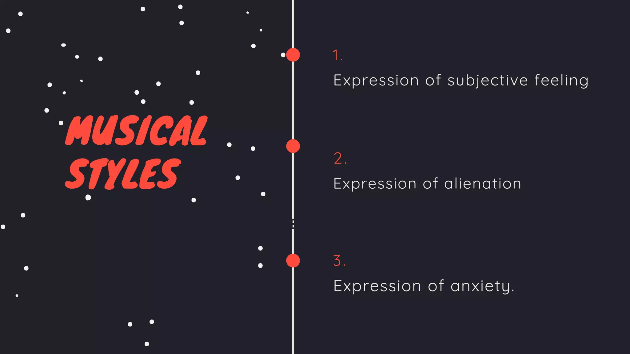 ESTIMATED ANNOUNCE DATES
MUSICAL
STYLES
1.
Expression of subjective feeling
2.
Expression of alienation
3.
Expression of anxiety.
AAI | Pro X
 