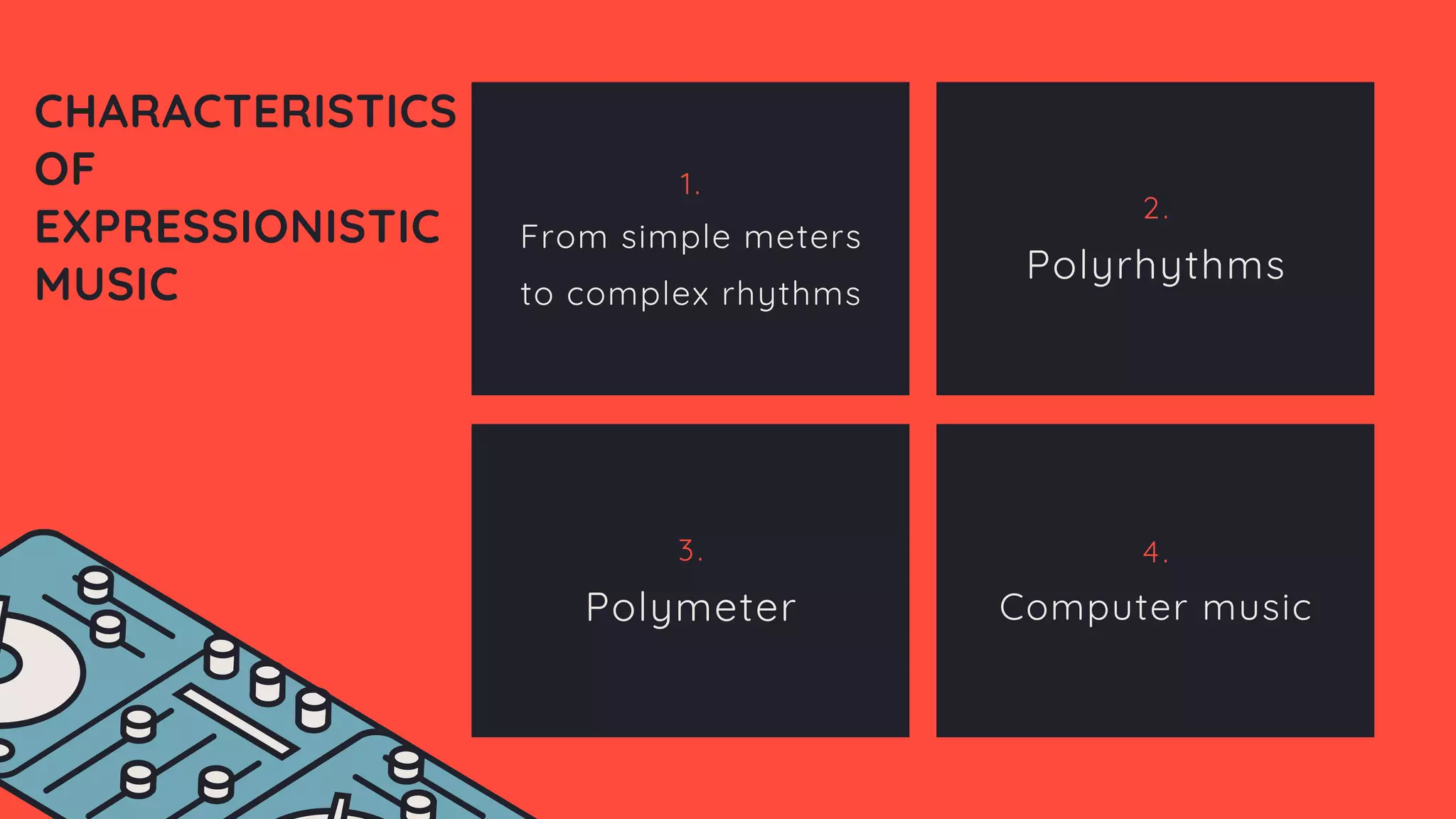 1.
From simple meters
to complex rhythms
2.
Polyrhythms
3.
Polymeter
4.
Computer music
CHARACTERISTICS
OF
EXPRESSIONISTIC
MUSIC
 