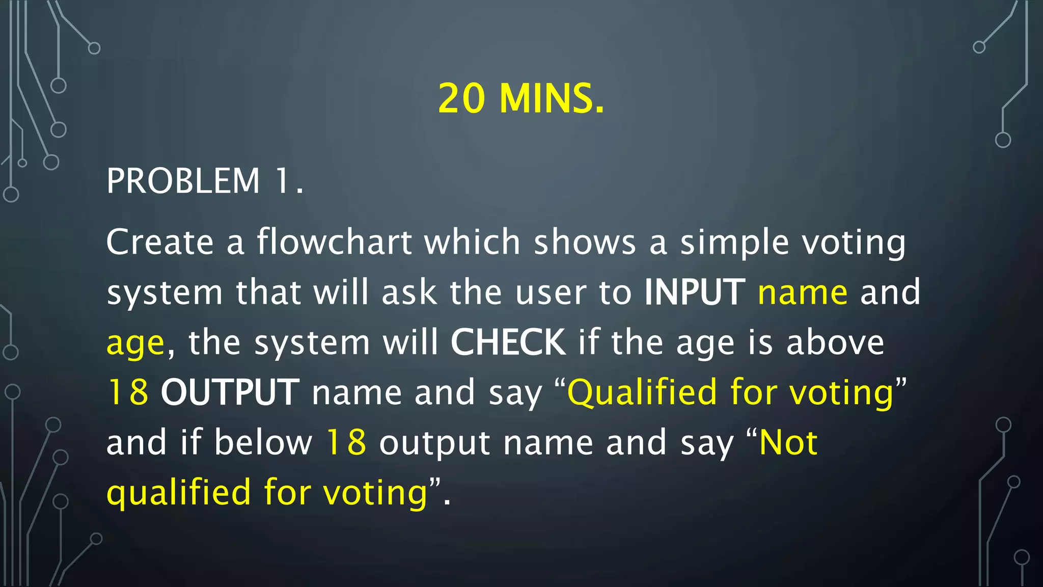 20 MINS.
PROBLEM 1.
Create a flowchart which shows a simple voting
system that will ask the user to INPUT name and
age, the system will CHECK if the age is above
18 OUTPUT name and say “Qualified for voting”
and if below 18 output name and say “Not
qualified for voting”.
 