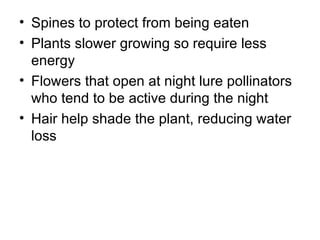 Spines to protect from being eaten  Plants slower growing so require less energy    Flowers that open at night lure pollinators who tend to be active during the night Hair help shade the plant, reducing water loss 