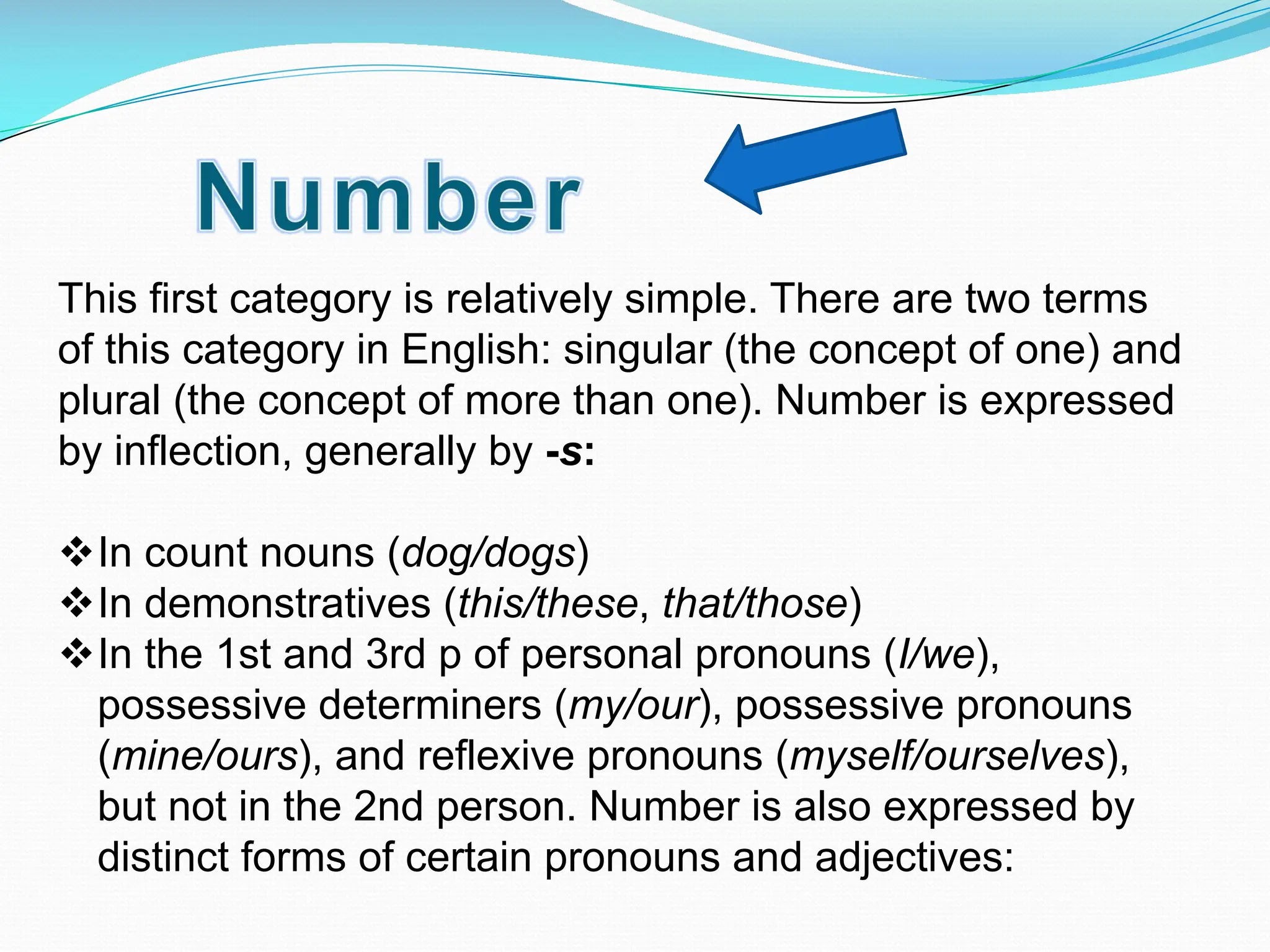This first category is relatively simple. There are two terms
of this category in English: singular (the concept of one) and
plural (the concept of more than one). Number is expressed
by inflection, generally by -s:
vIn count nouns (dog/dogs)
vIn demonstratives (this/these, that/those)
vIn the 1st and 3rd p of personal pronouns (I/we),
possessive determiners (my/our), possessive pronouns
(mine/ours), and reflexive pronouns (myself/ourselves),
but not in the 2nd person. Number is also expressed by
distinct forms of certain pronouns and adjectives:
 