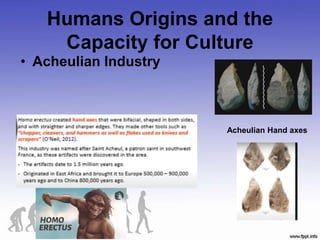 Humans Origins and the
Capacity for Culture
Acheulian Hand axes
• Acheulian Industry
 