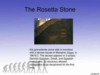 The Rosetta Stone
this granodiorite stone slab is inscribed
with a decree issued in Memphis, Egypt, in
196 B.C. The decree appears in 3 scripts:
Demotic Egyptian, Greek, and Egyptian
hieroglyphs. Its discovery allowed
hieroglyphs to be deciphered for the first
time.
 