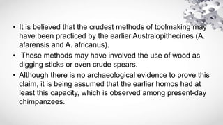 • It is believed that the crudest methods of toolmaking may
have been practiced by the earlier Australopithecines (A.
afarensis and A. africanus).
• These methods may have involved the use of wood as
digging sticks or even crude spears.
• Although there is no archaeological evidence to prove this
claim, it is being assumed that the earlier homos had at
least this capacity, which is observed among present-day
chimpanzees.
 