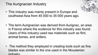 The Aurignacian Industry
• This industry was mainly present in Europe and
southwest Asia from 45 000 to 35 000 years ago.
• The term Aurignacian was derived from Aurignac, an area
in France where the evidence for this industry was found.
Users of this industry used raw materials such as flint,
animal bones, and antlers.
• The method they employed in creating tools such as fine
blades was similar to the one used in the Mousterian
 