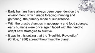 • Early humans have always been dependent on the
environment, which made foraging (hunting and
gathering) the primary mode of subsistence.
• With the drastic changes in geography and food sources,
early humans were once again faced with the need to
adapt new strategies to survive.
• It was in this setting that the “Neolithic Revolution”
(Childe, 1936) spread throughout the planet.
 