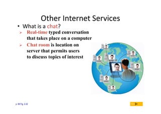 Other Internet Services

• What is a chat?



Real-time typed conversation
that takes place on a computer
Chat room is location on
server that permits users
to discuss topics of interest

p. 98 Fig. 2-32

Next

 
