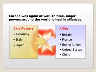 Europe was again at war. In time, major powers around the world joined in alliances. Axis Powers Germany Italy Japan Allies Britain France Soviet Union United States China 
