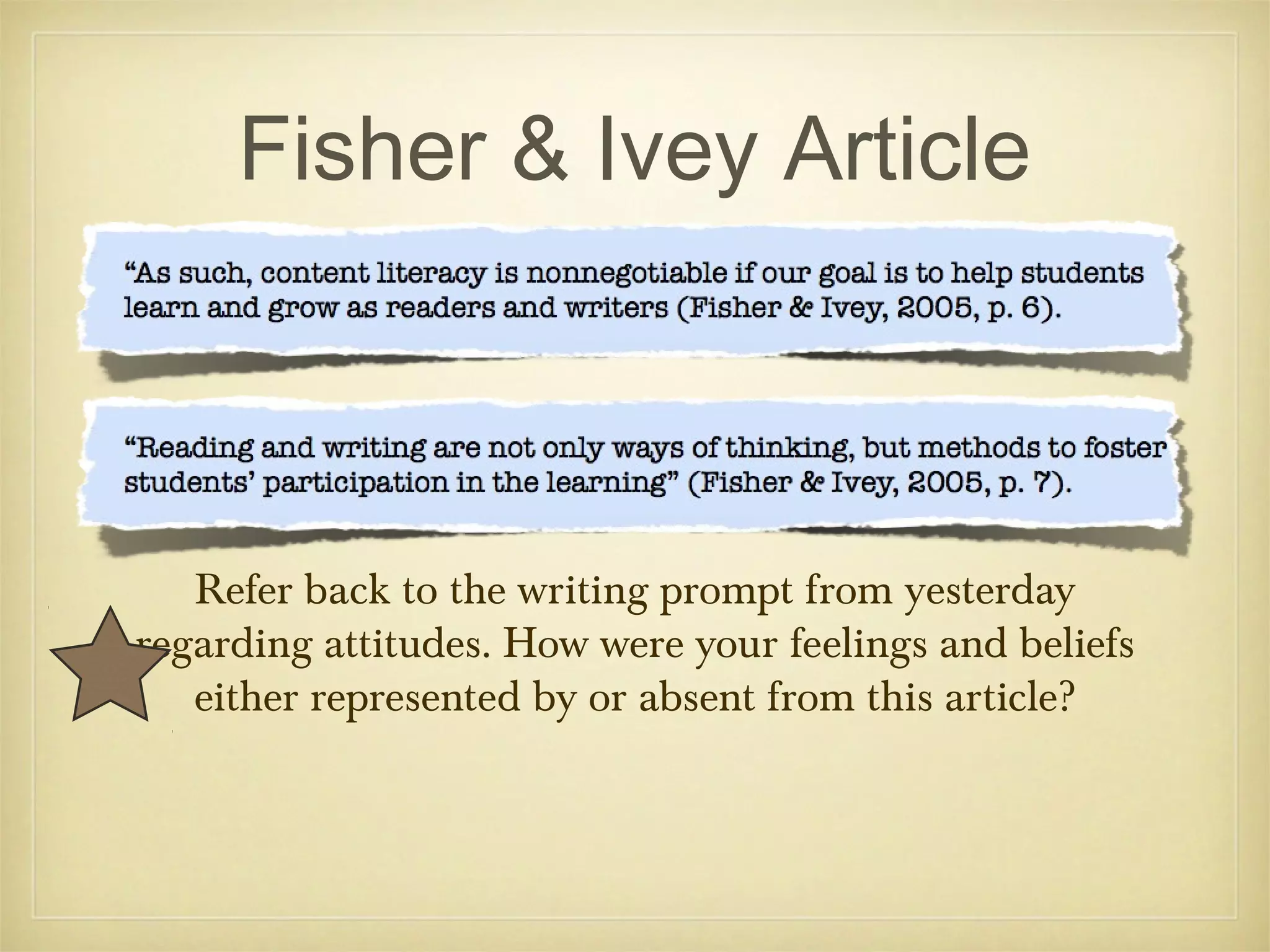 Fisher & Ivey Article

Refer back to the writing prompt from yesterday
regarding attitudes. How were your feelings and beliefs
either represented by or absent from this article?

 