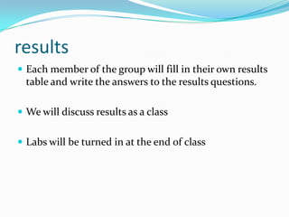 results
 Each member of the group will fill in their own results
  table and write the answers to the results questions.

 We will discuss results as a class


 Labs will be turned in at the end of class
 