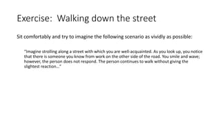 Exercise: Walking down the street
Sit comfortably and try to imagine the following scenario as vividly as possible:
“Imagine strolling along a street with which you are well-acquainted. As you look up, you notice
that there is someone you know from work on the other side of the road. You smile and wave;
however, the person does not respond. The person continues to walk without giving the
slightest reaction…”
 