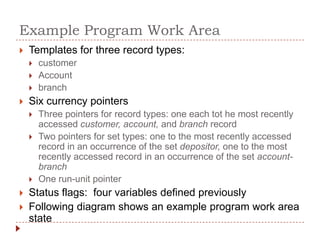 Example Program Work Area
   Templates for three record types:
       customer
       Account
       branch
   Six currency pointers
       Three pointers for record types: one each tot he most recently
        accessed customer, account, and branch record
       Two pointers for set types: one to the most recently accessed
        record in an occurrence of the set depositor, one to the most
        recently accessed record in an occurrence of the set account-
        branch
       One run-unit pointer
   Status flags: four variables defined previously
   Following diagram shows an example program work area
    state
 