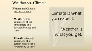 Weather vs. Climate
Weather and Climate
are not the same
• Weather - The
conditions of the
atmosphere at a
particular place and
time.
• Climate - Average
conditions of a
certain place over a
long period of time
 
