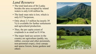 Land Resource
• The total land area of Sri Lanka
besides the area occupied by inland
waters is only 6.44 million ha.
• The land–man ratio is low, which is
only 0.37 ha/person,
• Only about 2.5 million ha (nearly 39
%) is available for further settlements
and agricultural production.
• Thus, the per capita extent of
croplands is as small as 0.14 ha.
• The major land use sectors in the
country are agriculture (paddy, tea,
rubber, coconut and other perennials,
non-perennial crops), close canopy
and sparse forests, home gardens and
others
 