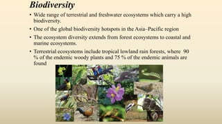 Biodiversity
• Wide range of terrestrial and freshwater ecosystems which carry a high
biodiversity.
• One of the global biodiversity hotspots in the Asia–Pacific region
• The ecosystem diversity extends from forest ecosystems to coastal and
marine ecosystems.
• Terrestrial ecosystems include tropical lowland rain forests, where 90
% of the endemic woody plants and 75 % of the endemic animals are
found
 