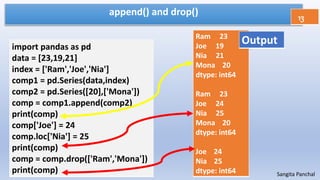 append() and drop()
import pandas as pd
data = [23,19,21]
index = ['Ram','Joe','Nia']
comp1 = pd.Series(data,index)
comp2 = pd.Series([20],['Mona'])
comp = comp1.append(comp2)
print(comp)
comp['Joe'] = 24
comp.loc['Nia'] = 25
print(comp)
comp = comp.drop(['Ram','Mona'])
print(comp)
13
Sangita Panchal
Ram 23
Joe 19
Nia 21
Mona 20
dtype: int64
Ram 23
Joe 24
Nia 25
Mona 20
dtype: int64
Joe 24
Nia 25
dtype: int64
Output
 