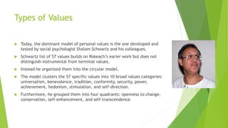 Types of Values
 Today, the dominant model of personal values is the one developed and
tested by social psychologist Shalom Schwartz and his colleagues.
 Schwartz list of 57 values builds on Rokeach’s earier work but does not
distinguish instrumental from terminal values.
 Instead he organized them into the circular model.
 The model clusters the 57 specific values into 10 broad values categories:
universalism, benevolence, tradition, conformity, security, power,
achievement, hedonism, stimulation, and self-direction.
 Furthermore, he grouped them into four quadrants: openness to change,
conservation, self-enhancement, and self-transcendence.
 