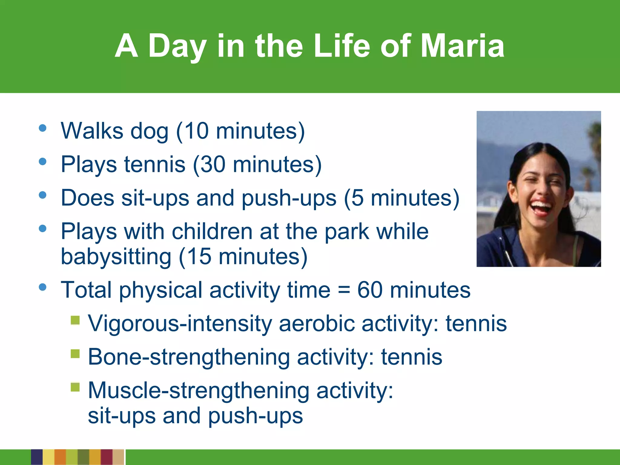 A Day in the Life of Maria
• Walks dog (10 minutes)
• Plays tennis (30 minutes)
• Does sit-ups and push-ups (5 minutes)
• Plays with children at the park while
babysitting (15 minutes)
• Total physical activity time = 60 minutes
 Vigorous-intensity aerobic activity: tennis
 Bone-strengthening activity: tennis
 Muscle-strengthening activity:
sit-ups and push-ups
 